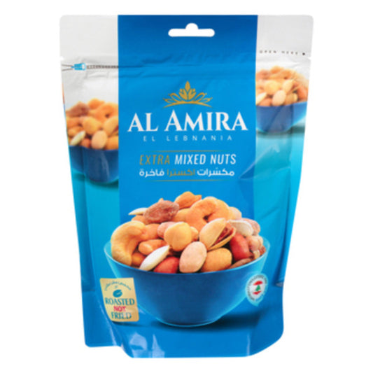 Blue package of Al Amira extra mixed nuts on a white background