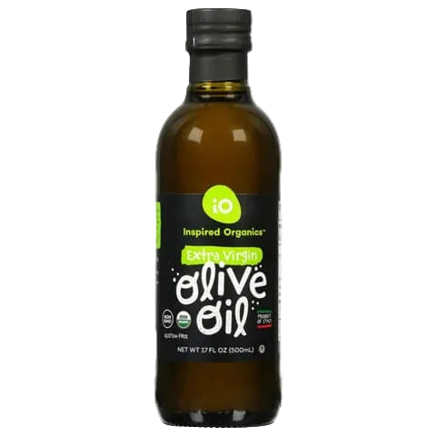 Bottle of Inspired Organics Extra Virgin Olive Oil on a white background